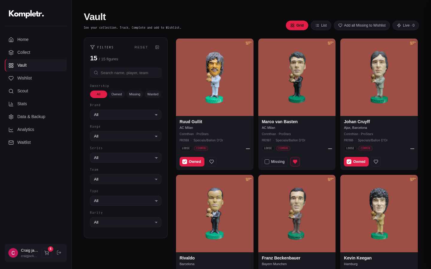 Kompletr desktop vault view showing filters and a grid of figures